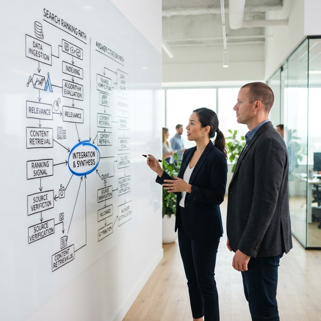 Two professionals collaborating on a strategic search optimization plan