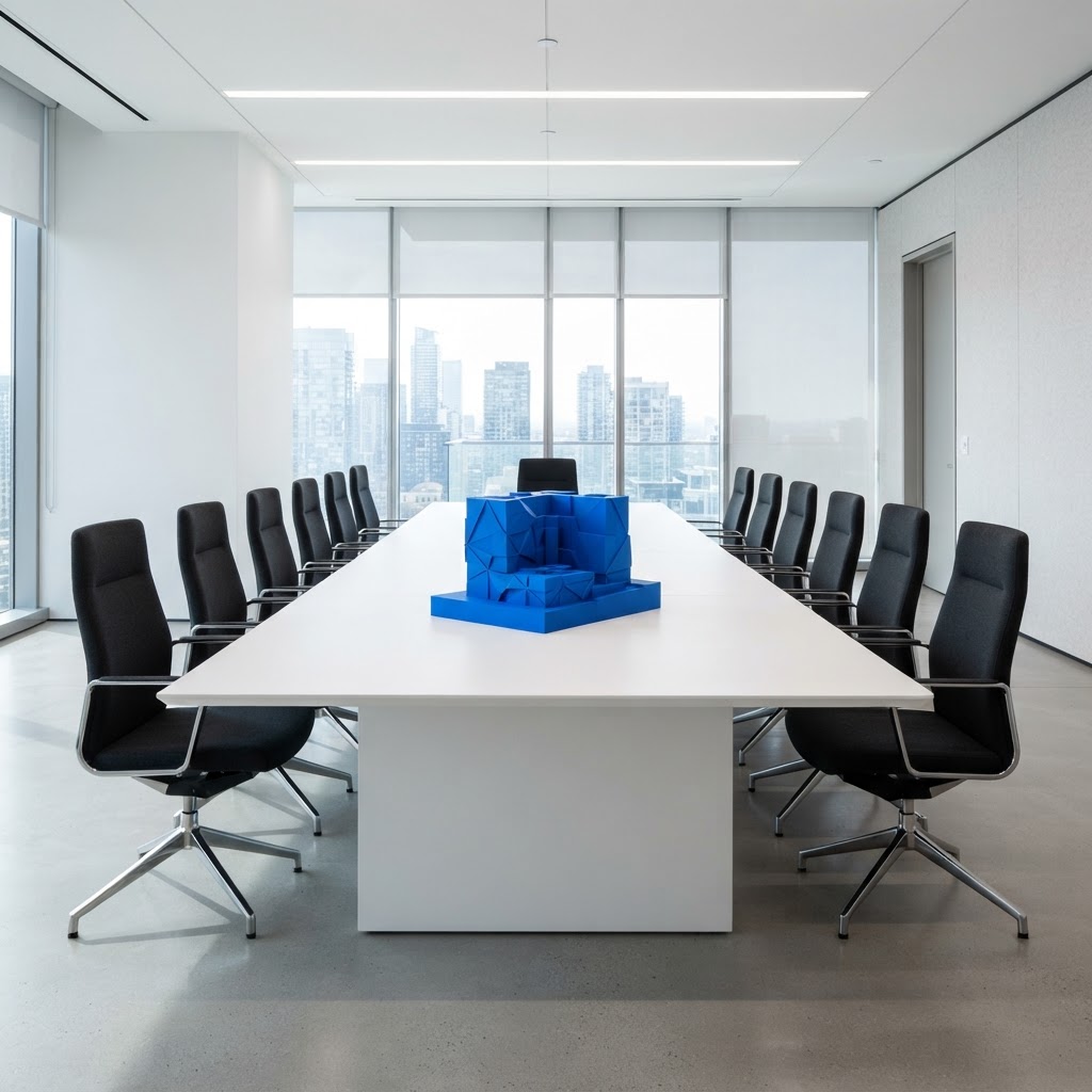Minimalist boardroom with a single electric blue accent piece