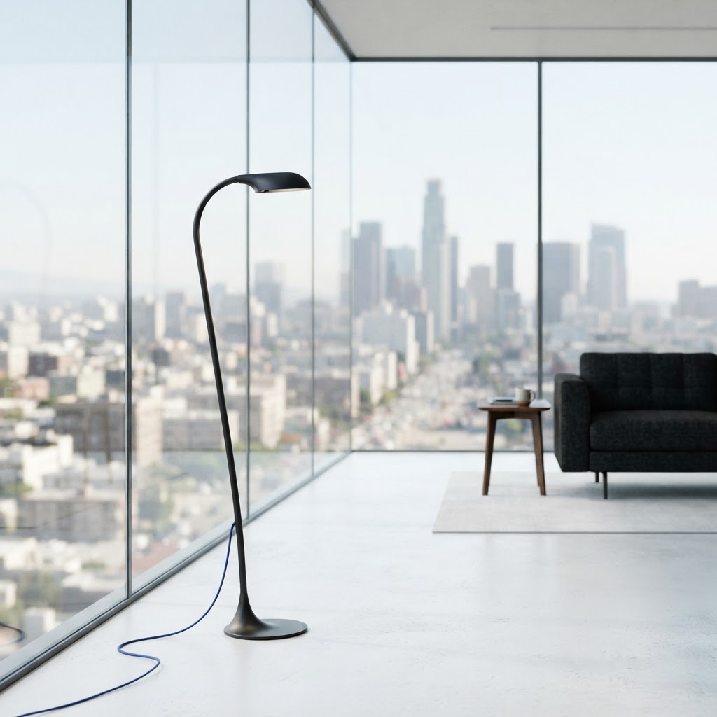 Modern office interior with an electric blue power cable