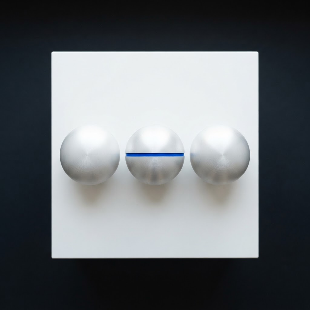 Three white spheres with an electric blue accented middle piece