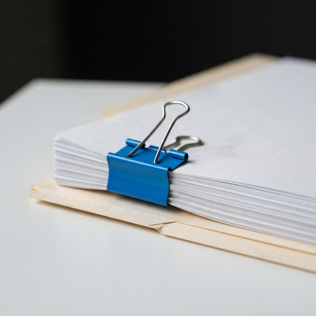Close up of organized professional documents with an electric blue clip