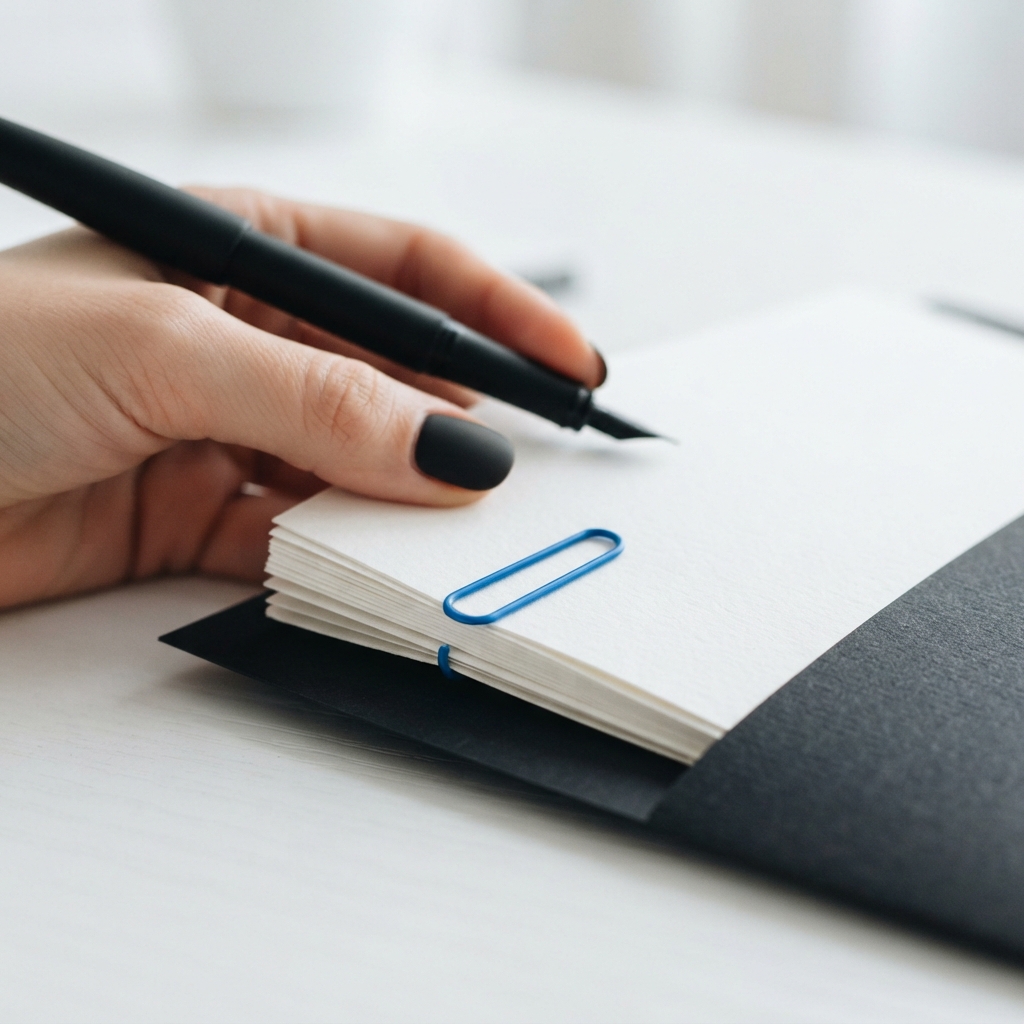 Close up of organized business documents with a blue accent