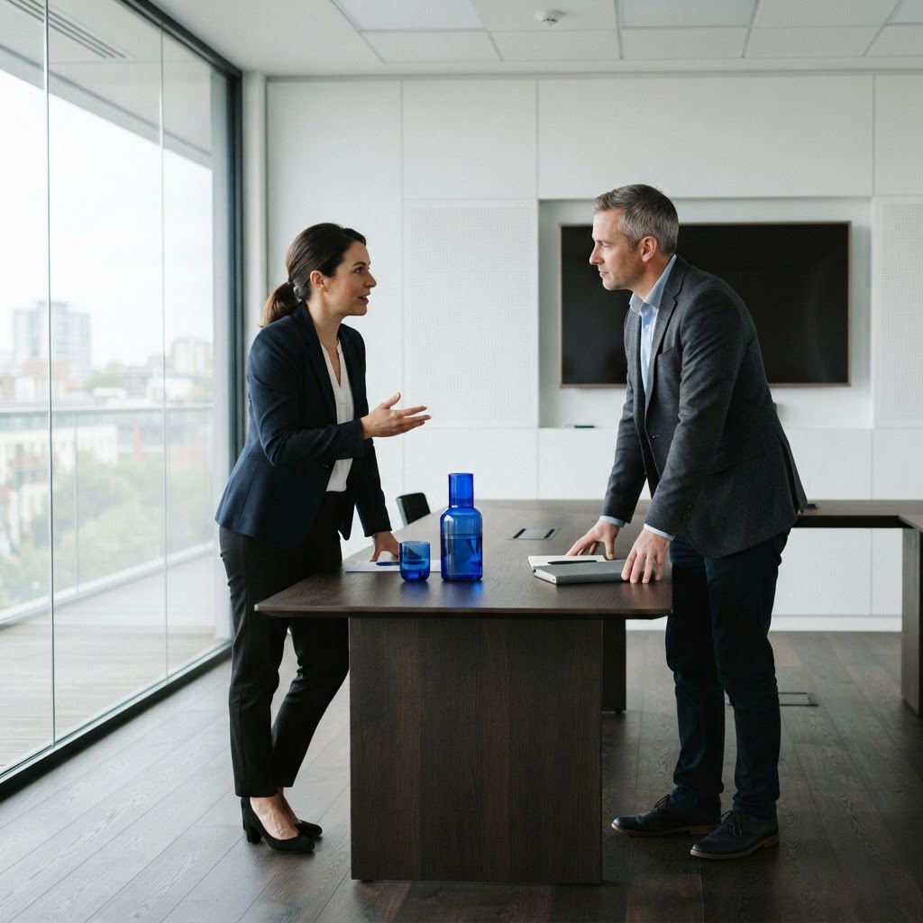 Two professionals collaborating in a minimalist meeting room