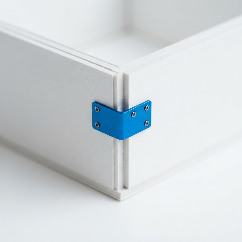 Close up of an architectural model corner with blue bracket