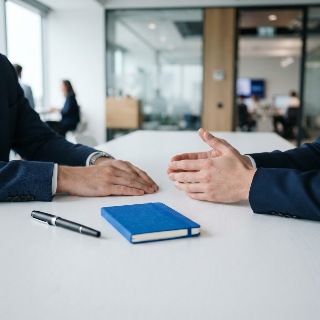 Professional hands on a table with a pen and blue notebook