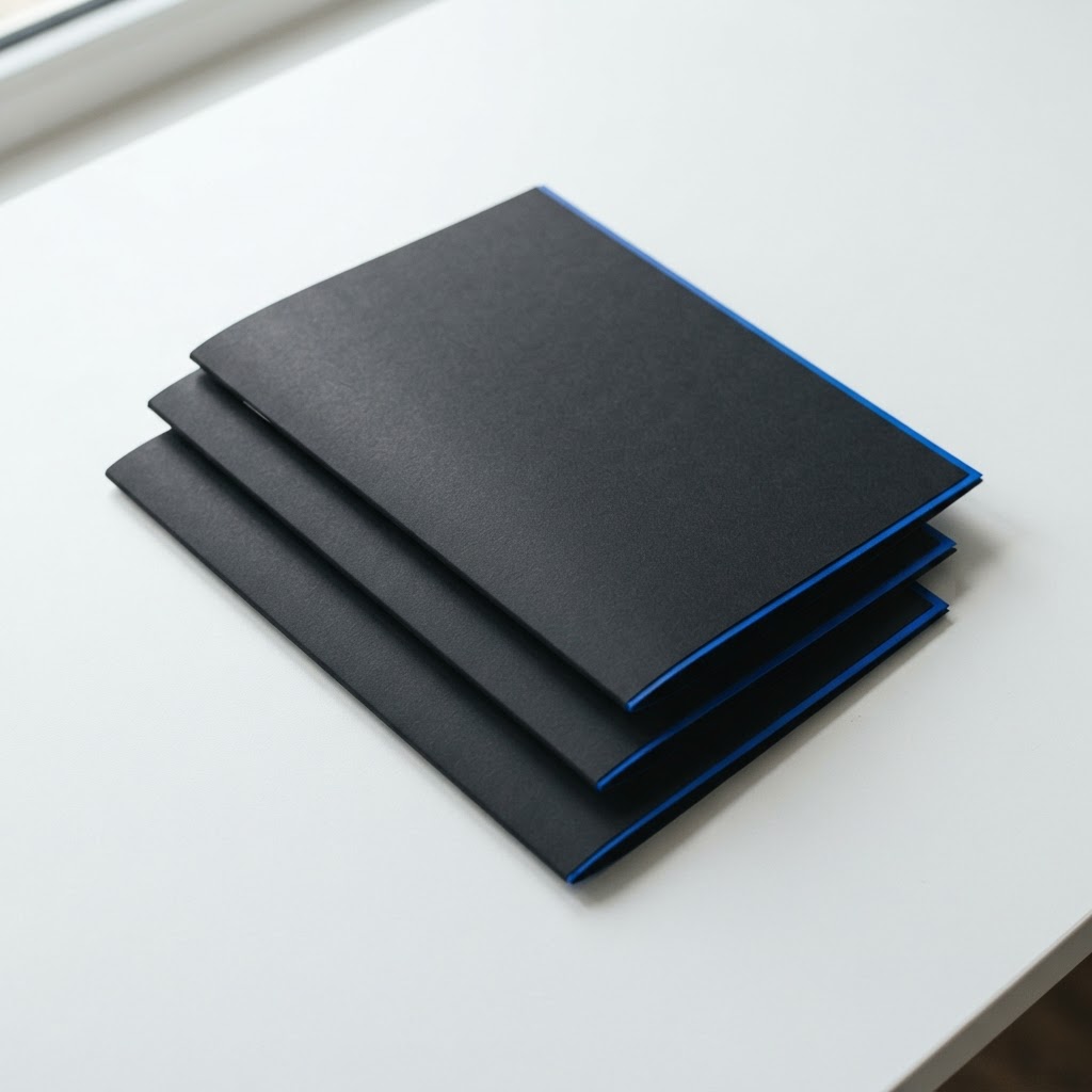 Three black folders with blue trim on a white desk