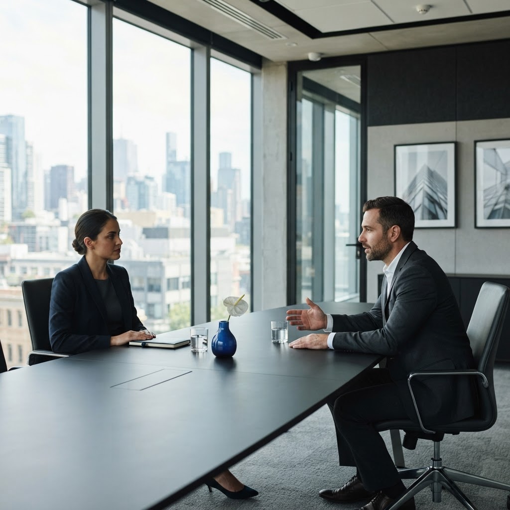 Two professionals discussing strategy in a modern office