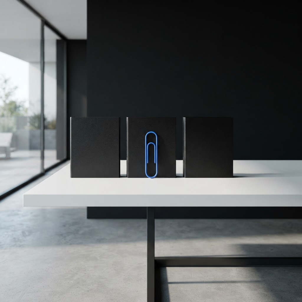 A row of black binders on a white desk in a modern minimalist office