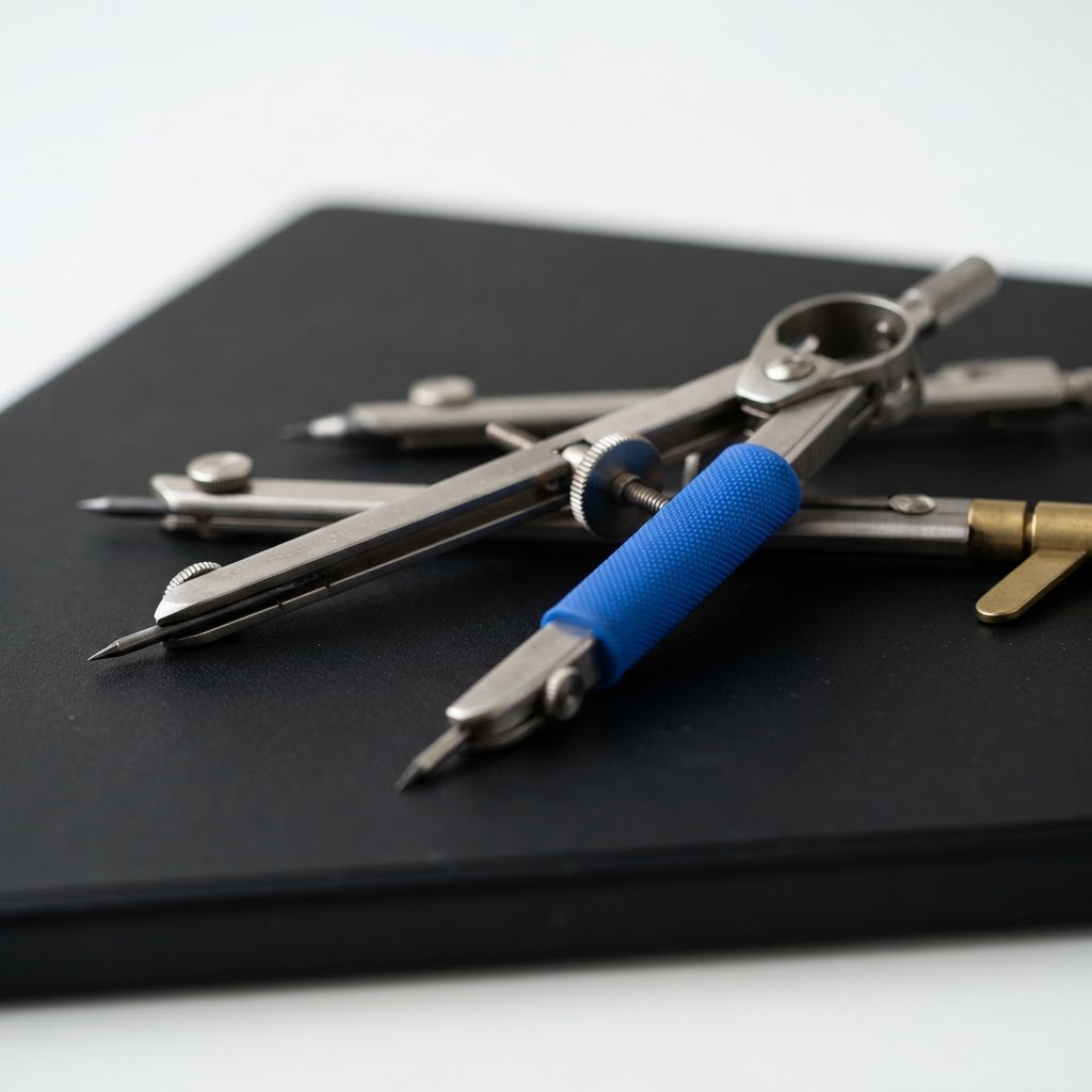 Close up of high quality architectural tools on a dark desk surface