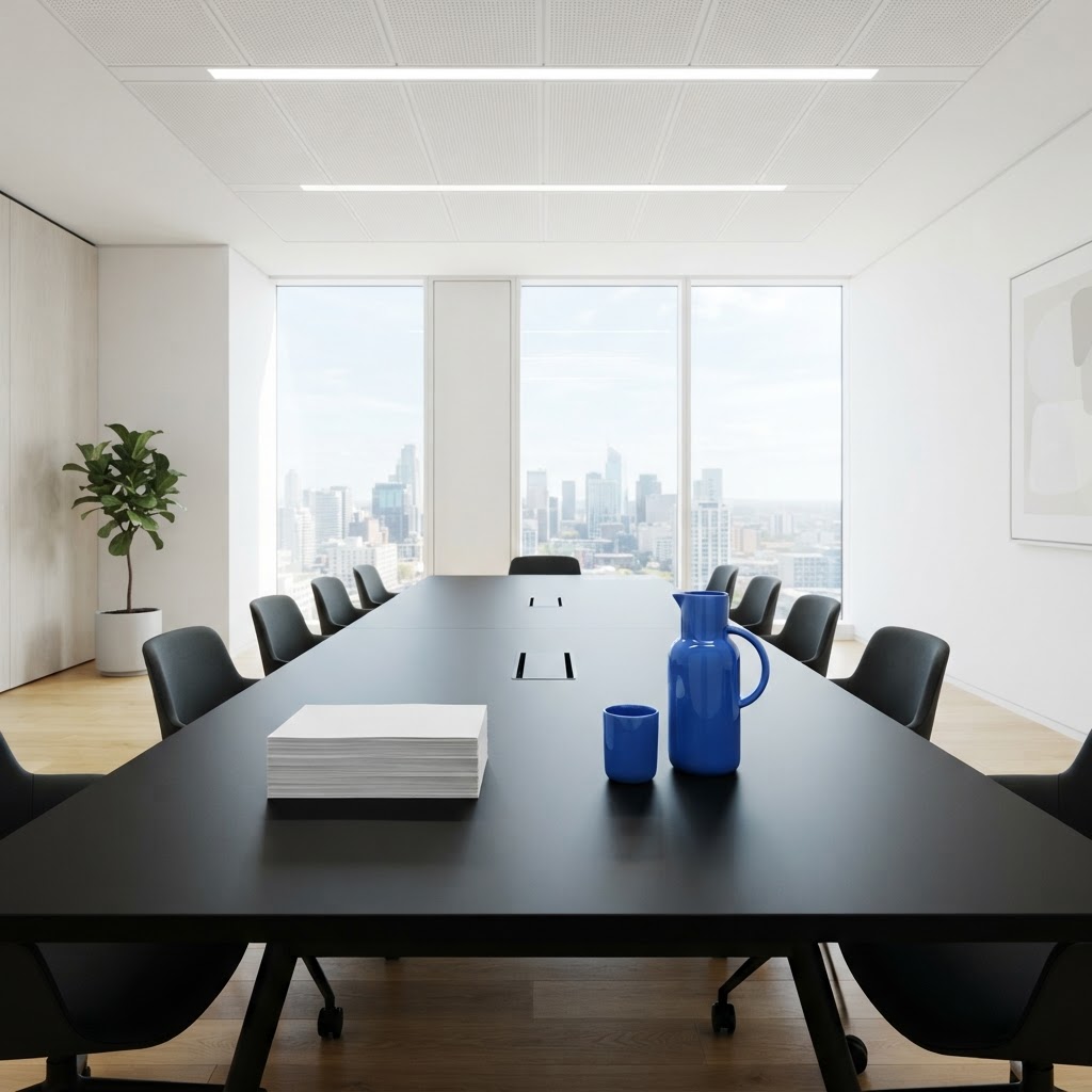 A clean conference room with a blue carafe on a dark table.