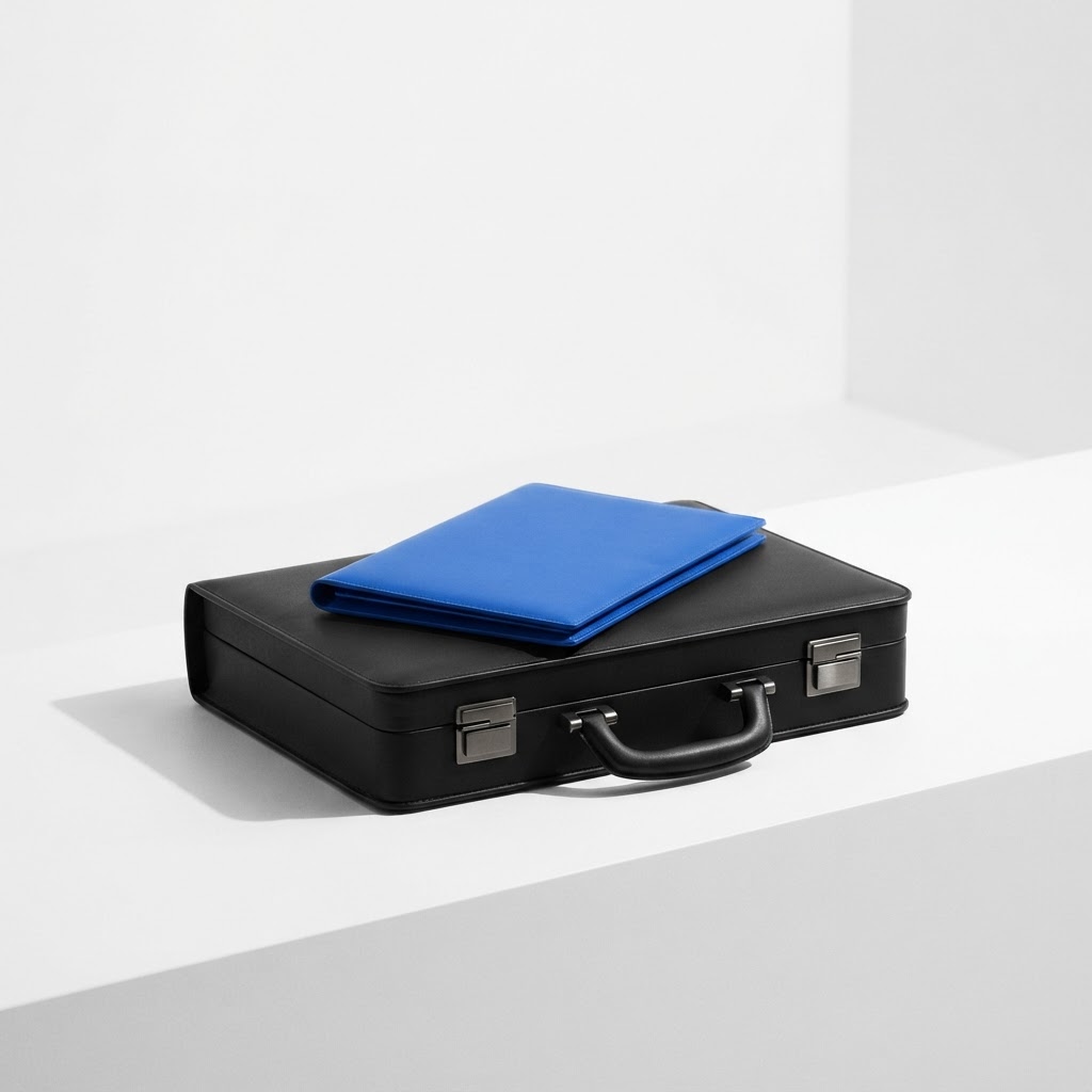 A matte black briefcase with a single electric blue folder on top.
