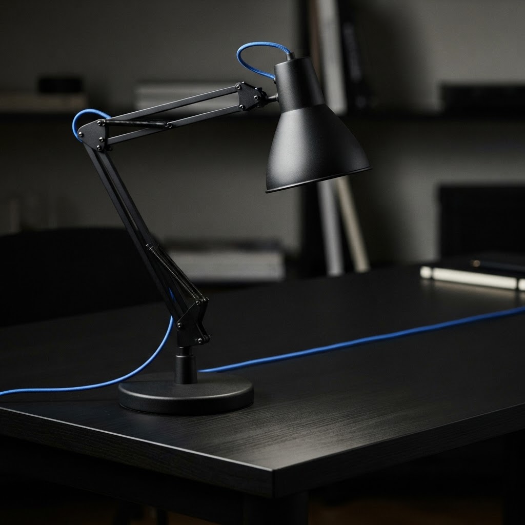 An industrial desk lamp with a vibrant blue power cable.