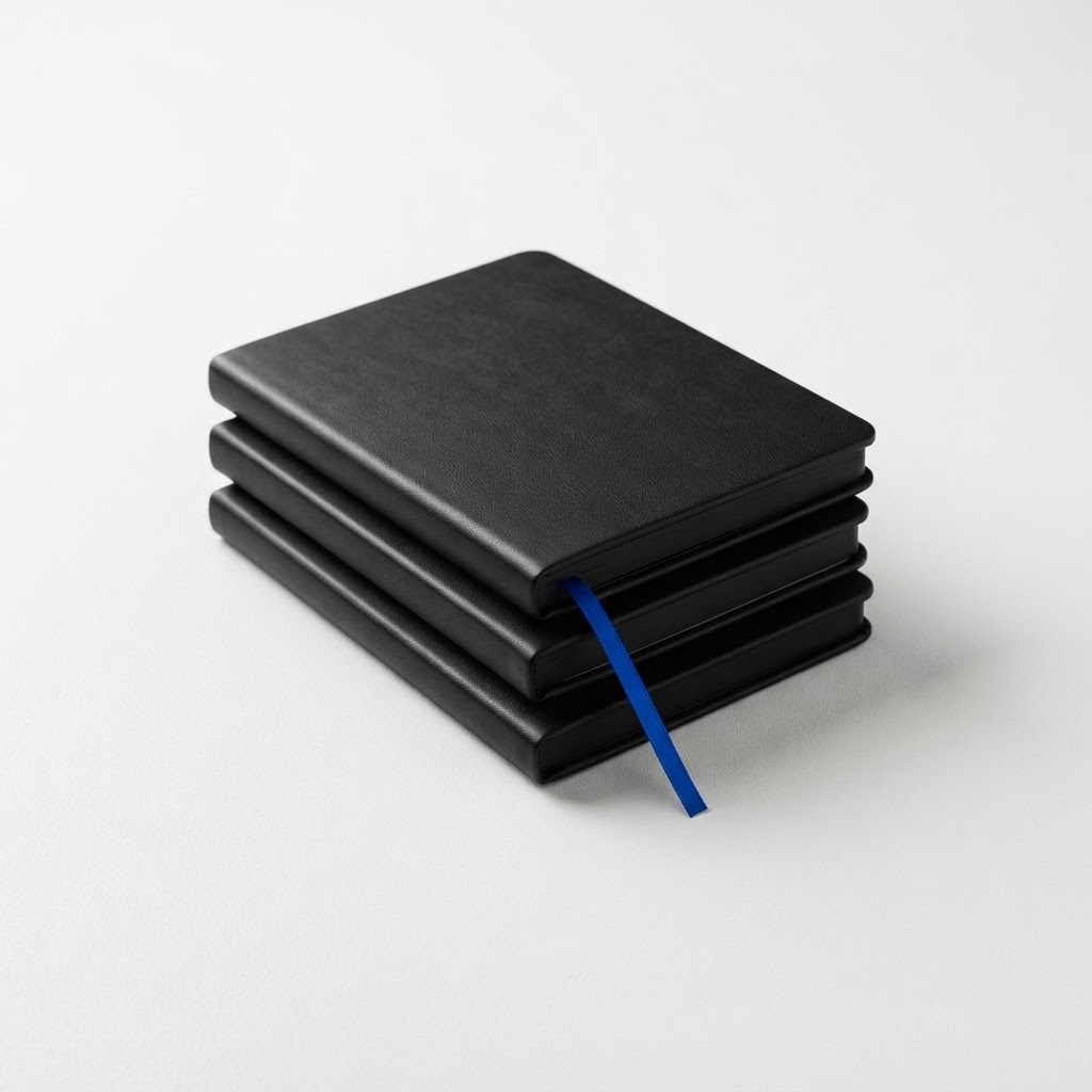 A stack of three notebooks on a white surface with one blue bookmark ribbon