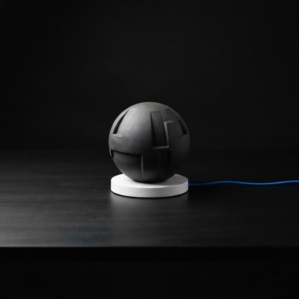 An architectural sphere on a dark desk with an electric blue cord