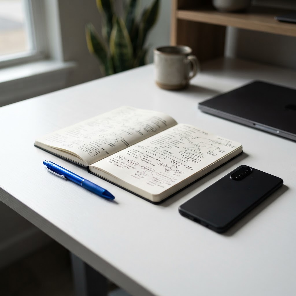 Professional workspace with notes and face down phone