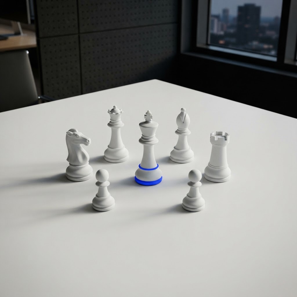 Chess piece with blue accent on a white desk