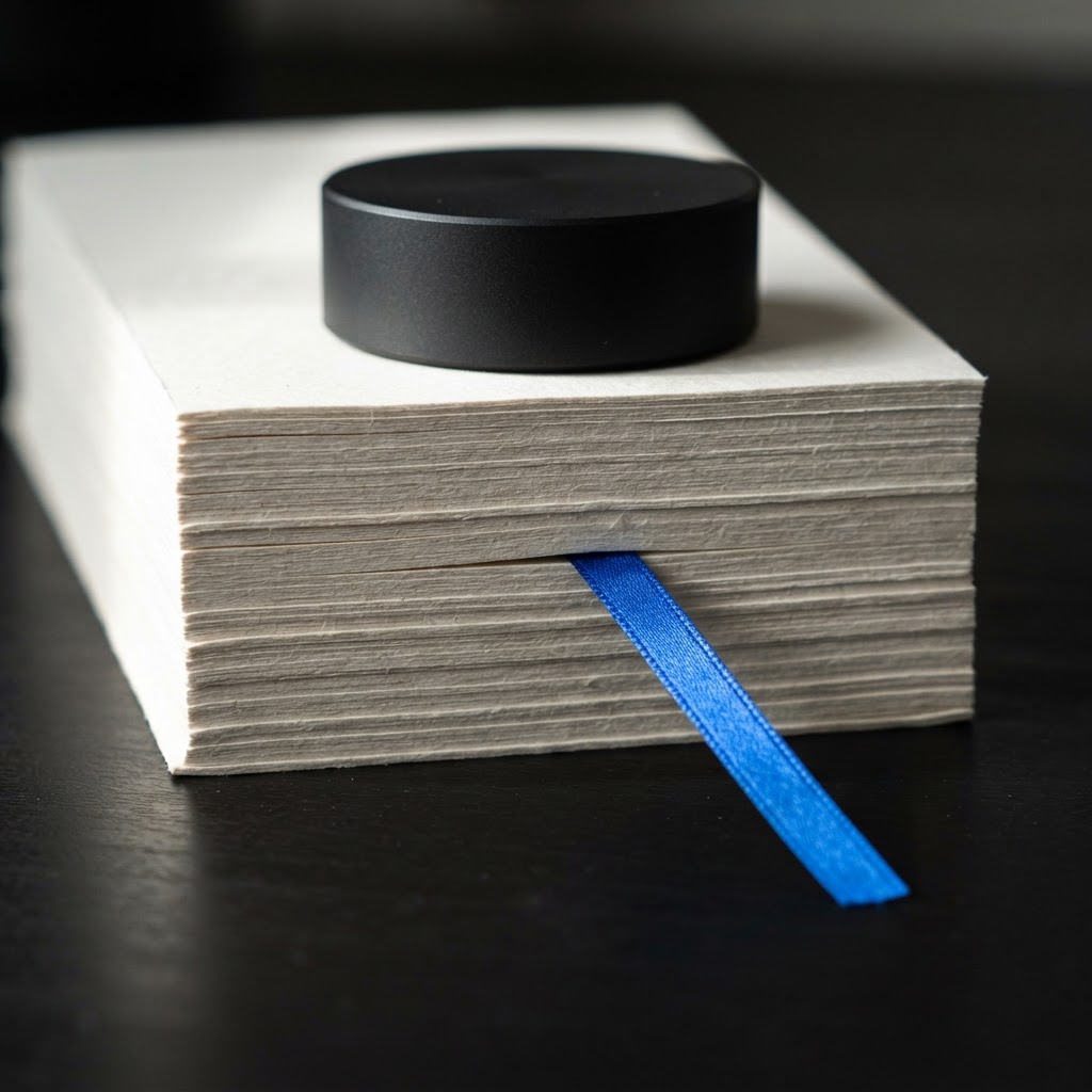 Stacked white papers with blue bookmark on dark desk