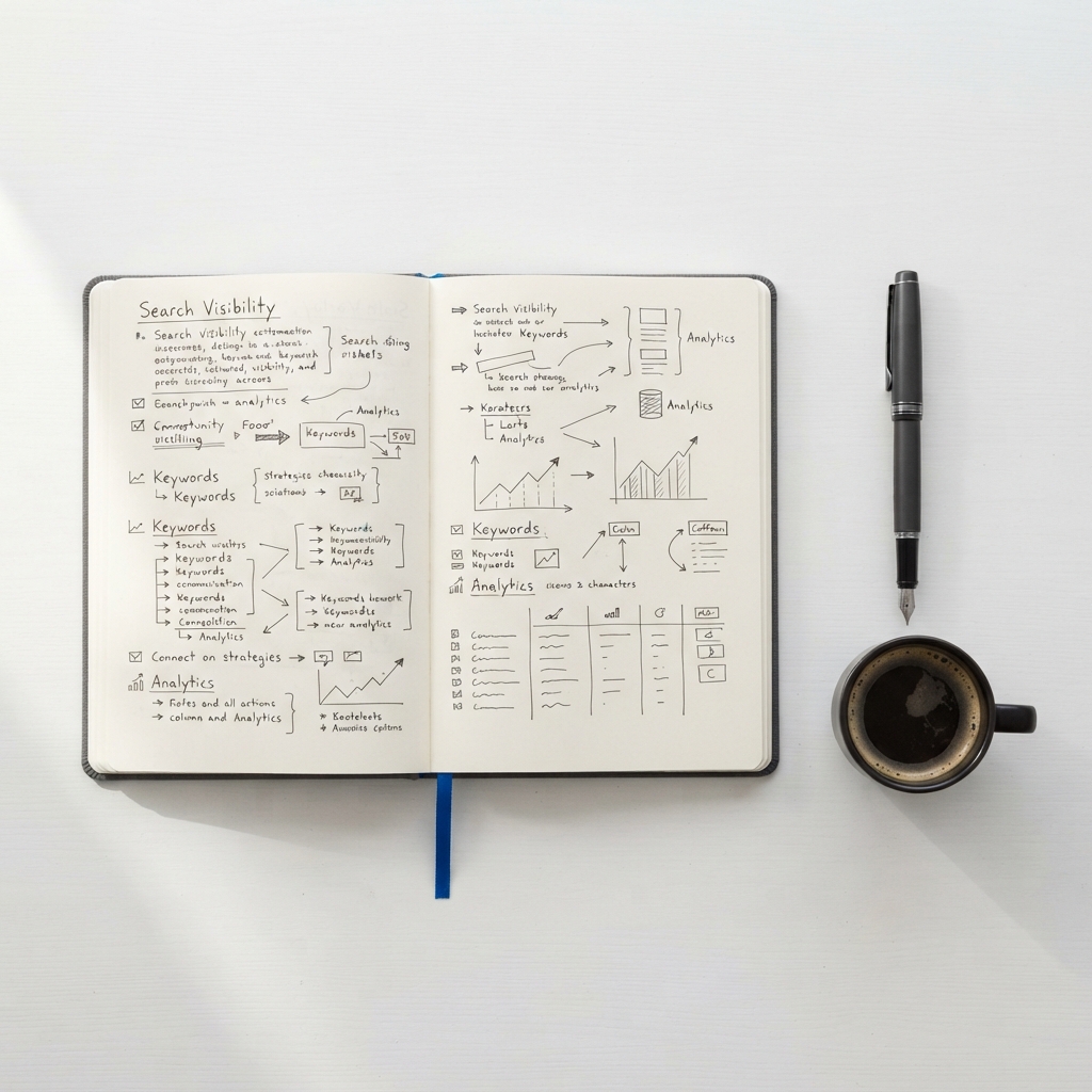 Minimalist desk workspace with notes on search visibility
