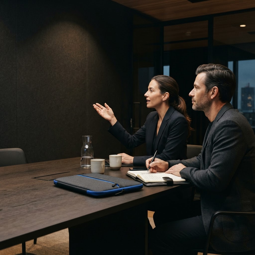 Two professionals collaborating in a modern boardroom