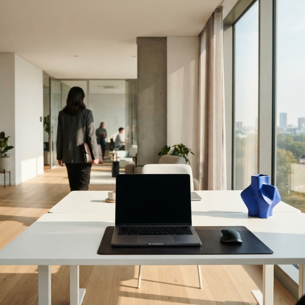 A quiet professional, clean workspace with a closed laptop