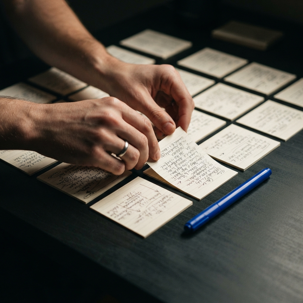 Hands organizing professional research index cards on a dark desk