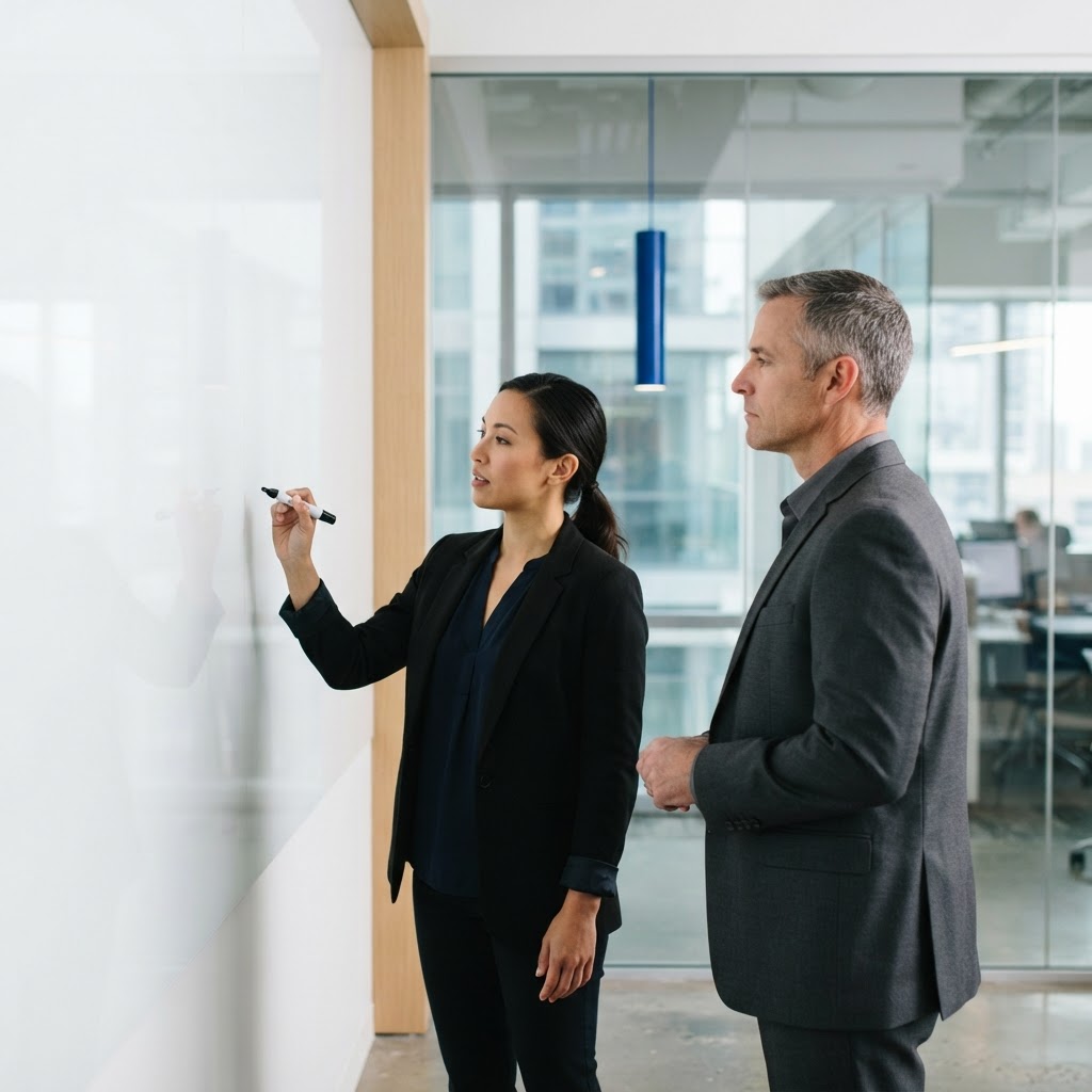 Marketing lead and consultant in a strategy meeting