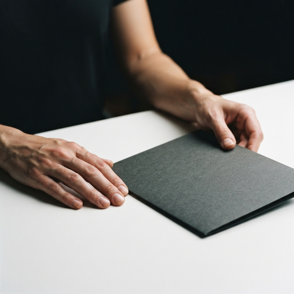 Hands resting on a white table holding a folder