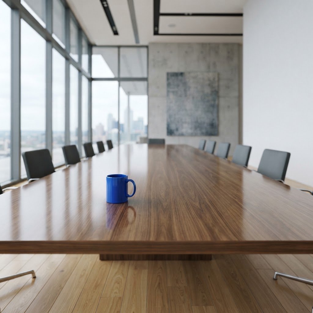Minimalist boardroom with a blue coffee mug
