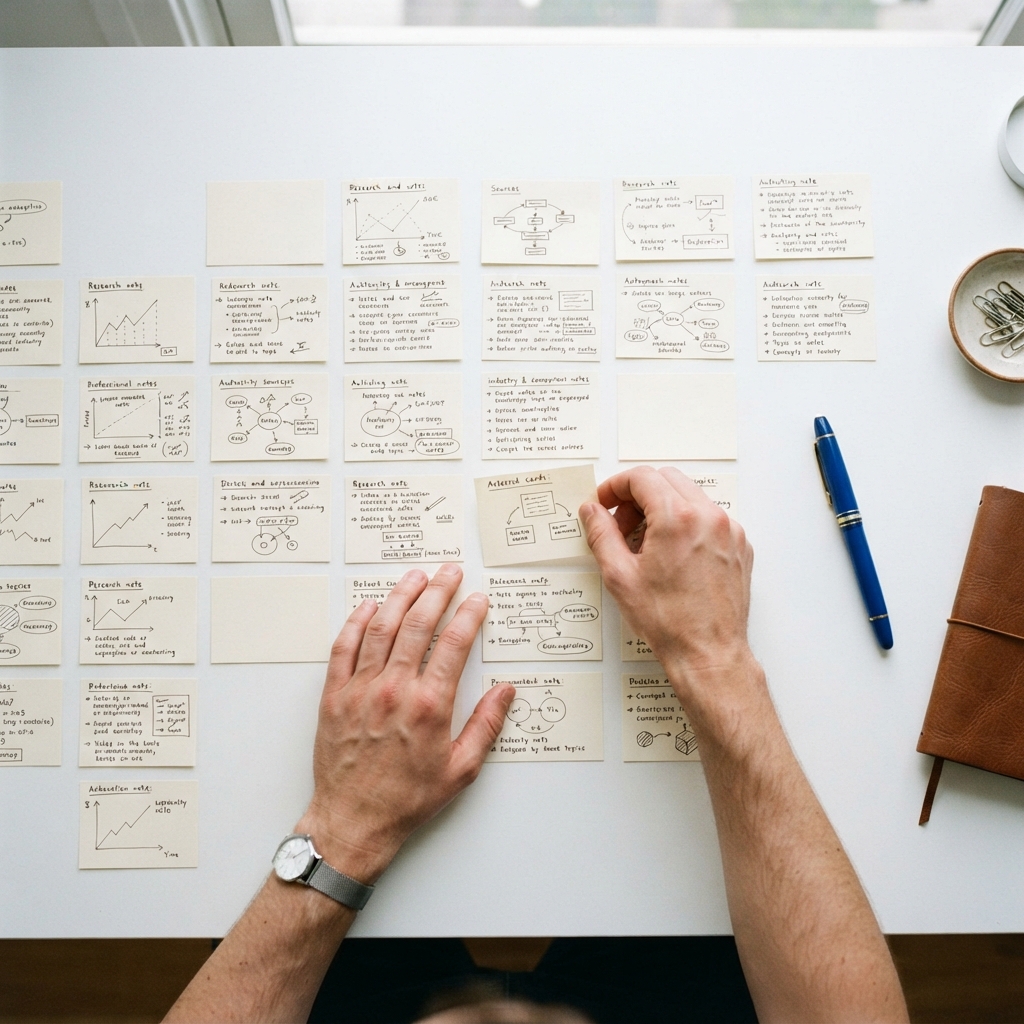 Professional hands organizing research cards for authority building