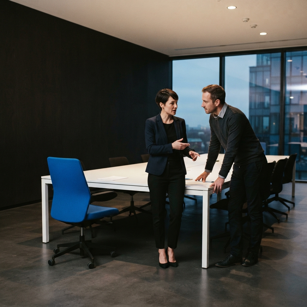 Two professionals collaborating in a high-contrast boardroom