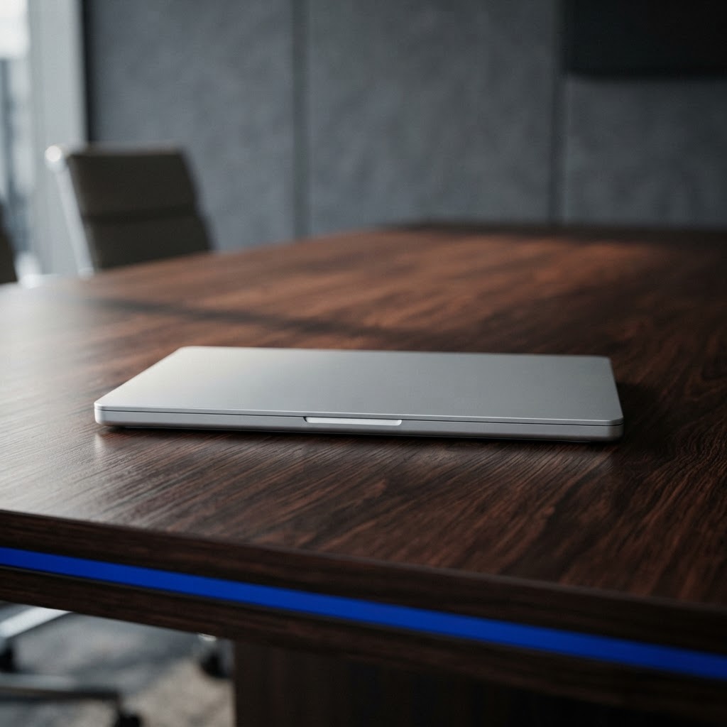 Closed laptop on a clean conference table