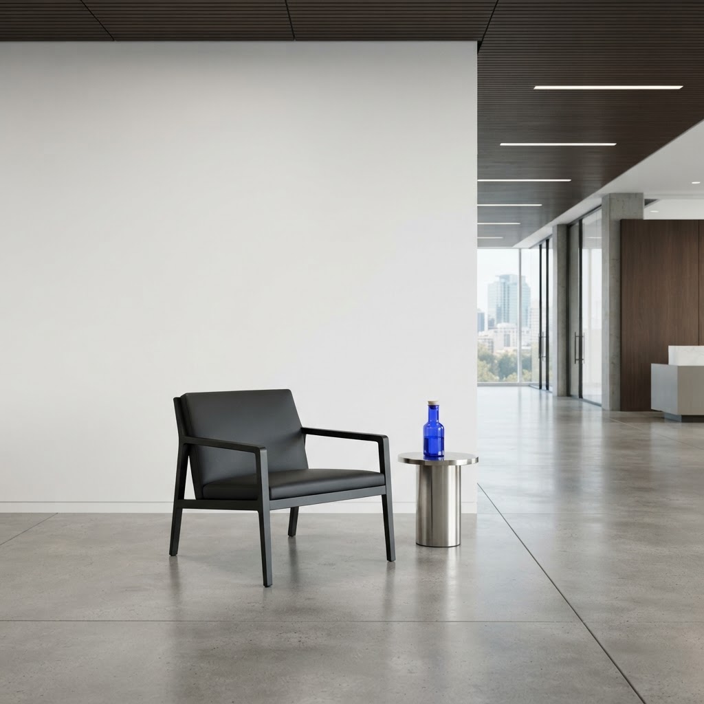 A minimalist office lounge area featuring a blue glass carafe