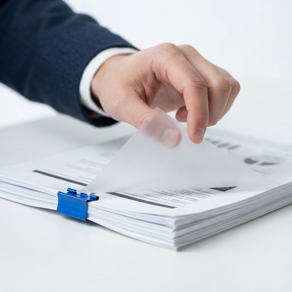 Hands organizing professional papers with a small blue binder clip