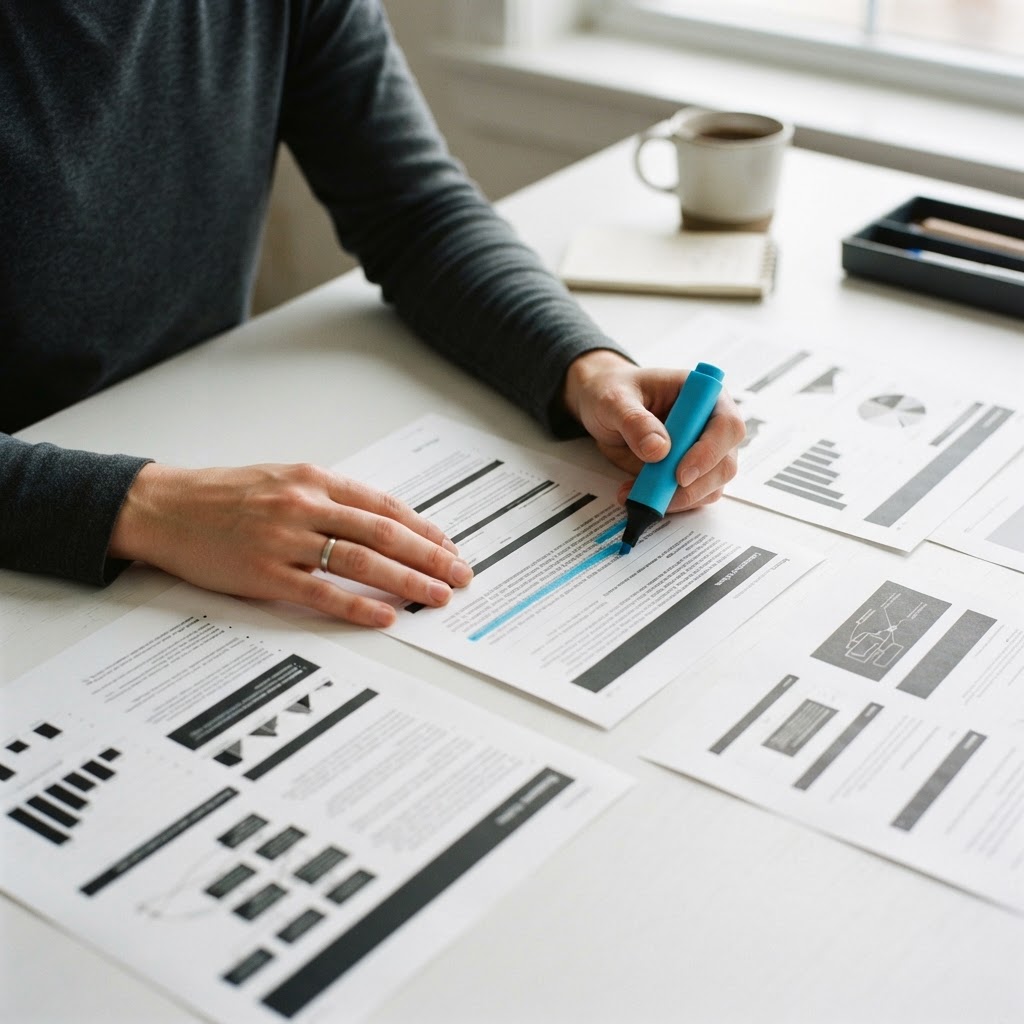 Hands organizing professional research documents on a clean desk