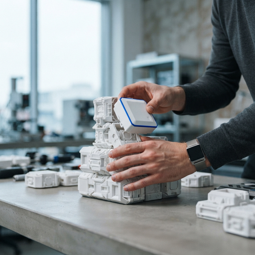Hands rearranging modular white structural components