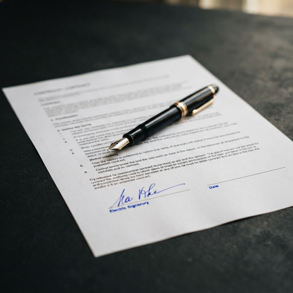 Close-up of a contract and pen on a dark surface