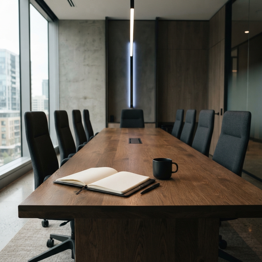 Executive boardroom table with a notebook and coffee