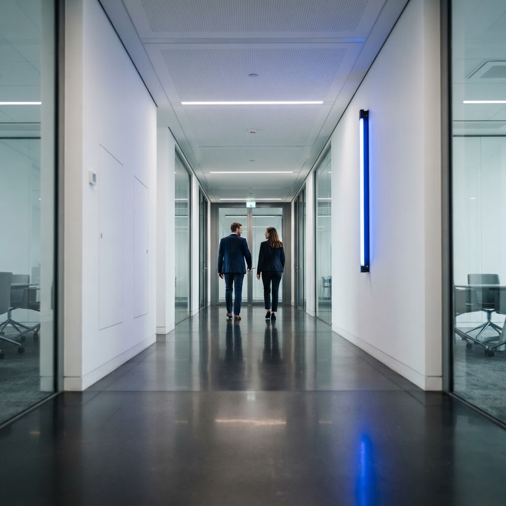 Two professionals walking down a modern office hallway