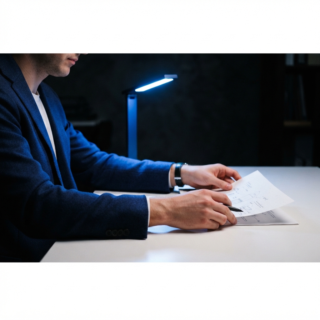 Professional strategist reviewing physical documents at a desk