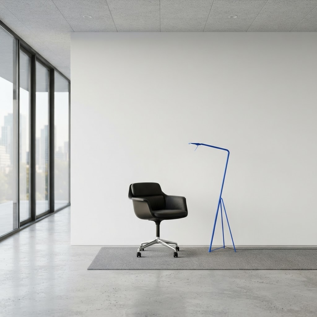 Modern near-black chair and blue floor lamp in a minimalist white office