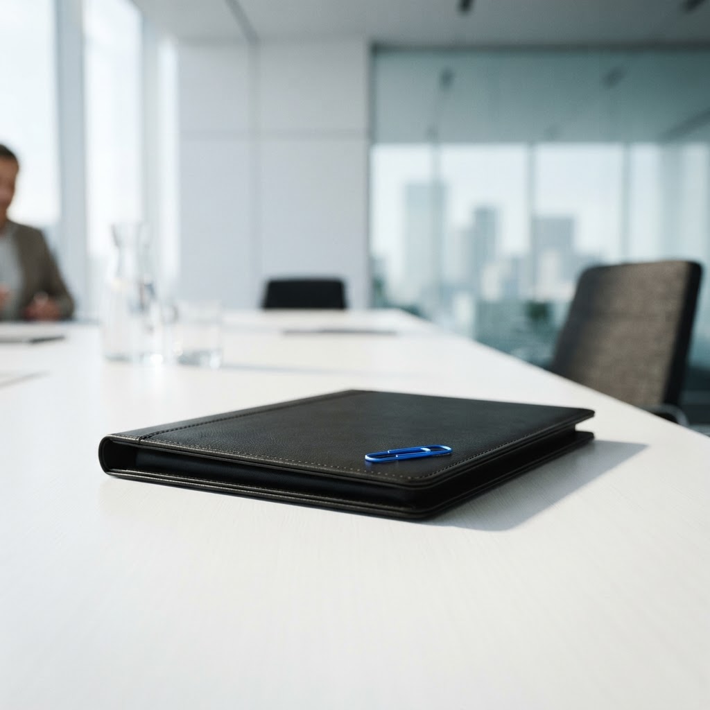 Professional leather portfolio on a clean white desk with a blue paperclip