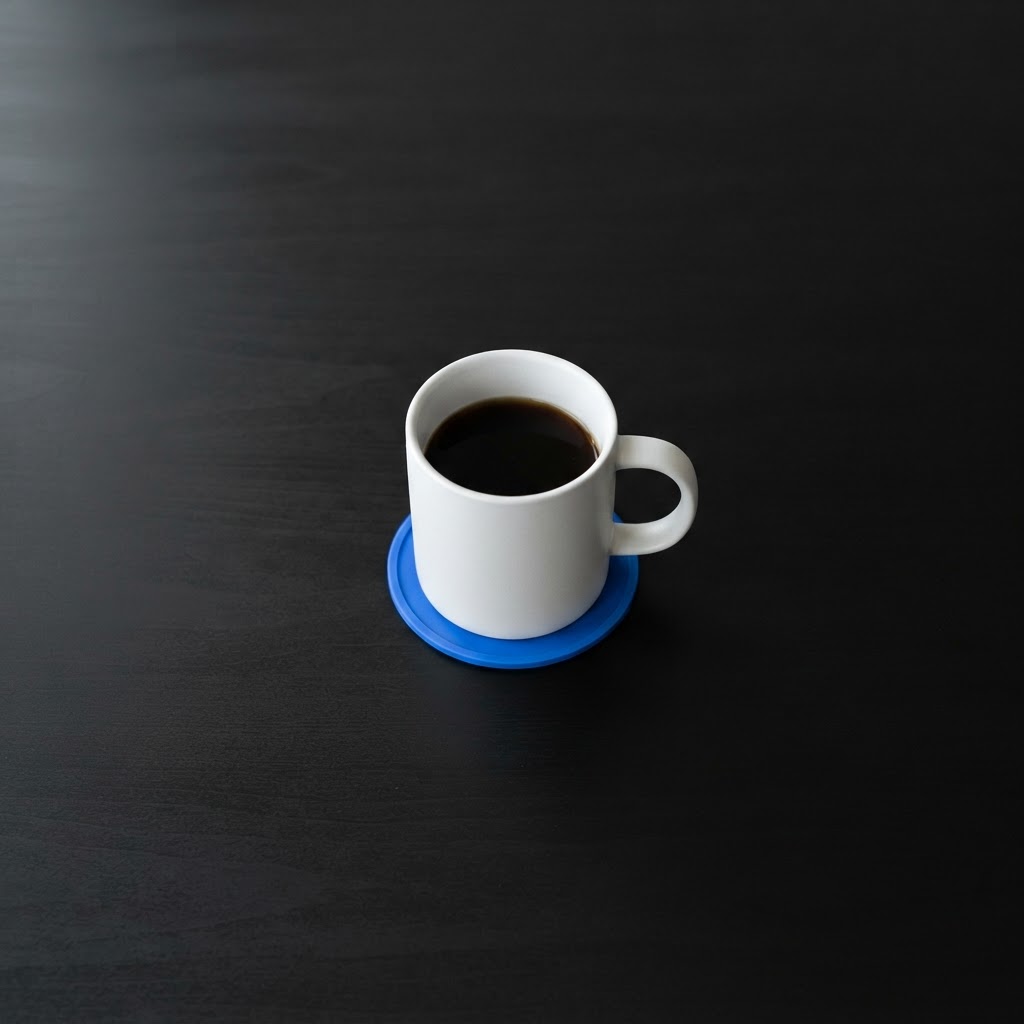 White mug on a blue coaster against a near-black desk surface