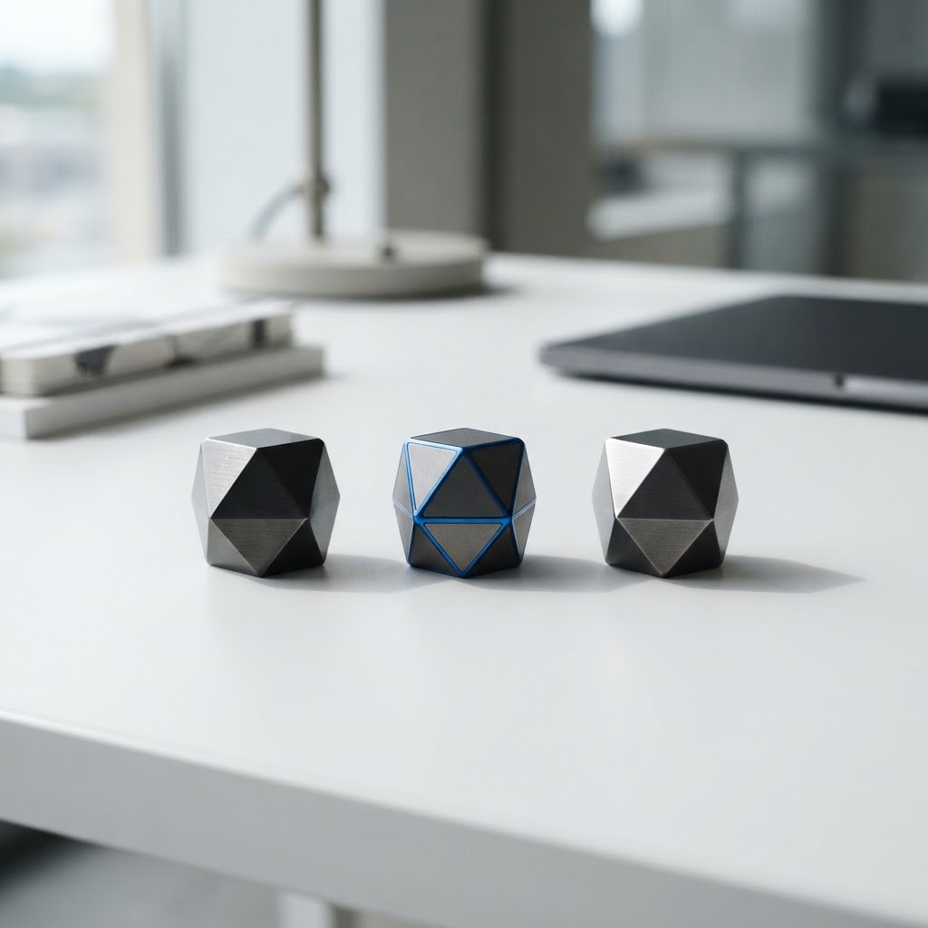 Geometric tokens on a desk representing strategic AI choices