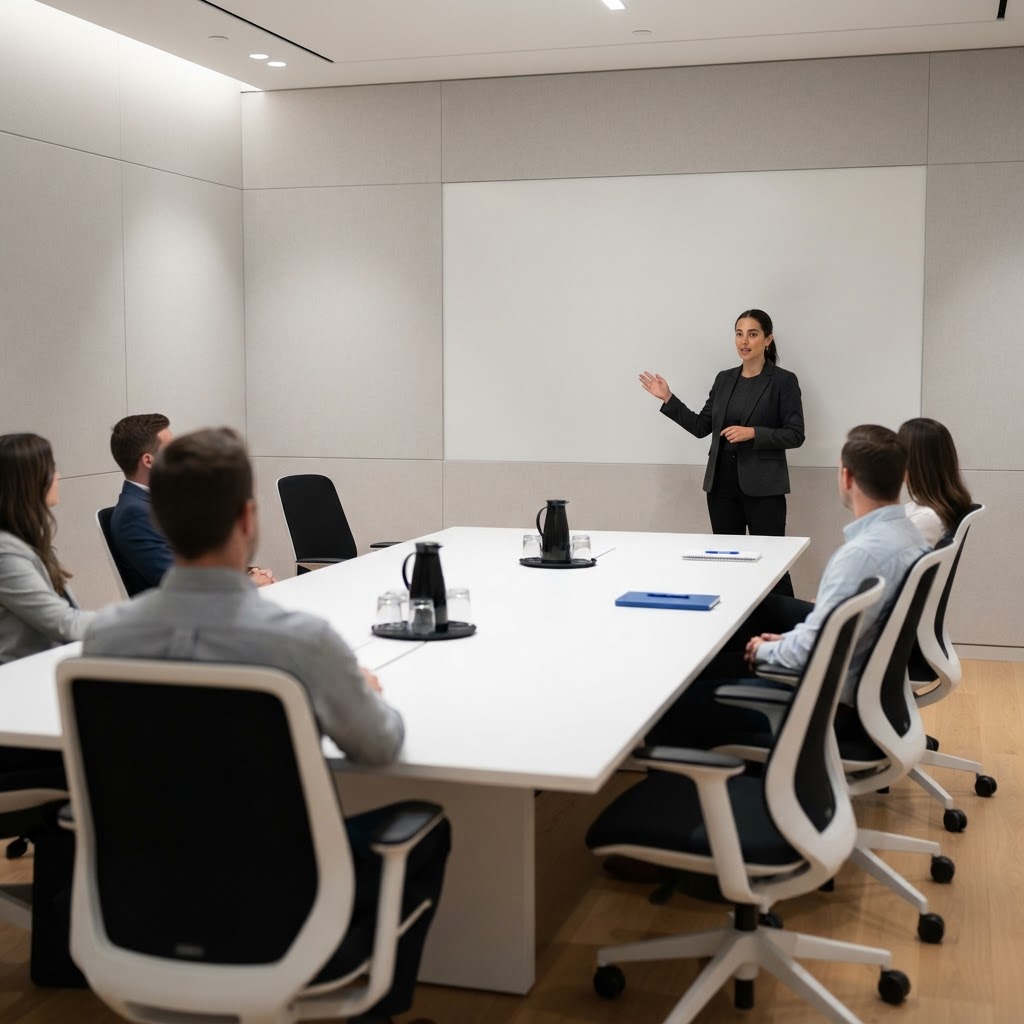 Professional strategist presenting in a minimalist meeting room