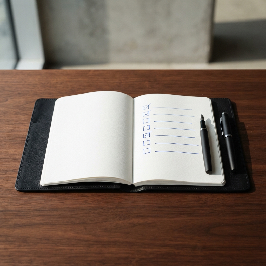 A pen and notebook on a clean desk