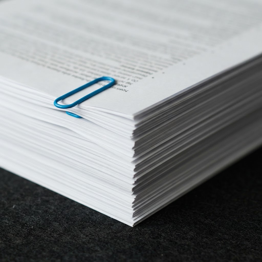 Stacked professional documents held by a blue paper clip