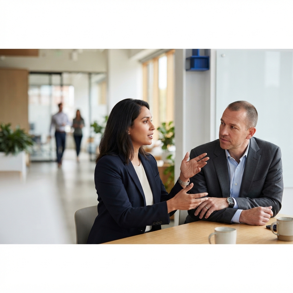 Two professionals discussing strategy in a modern office