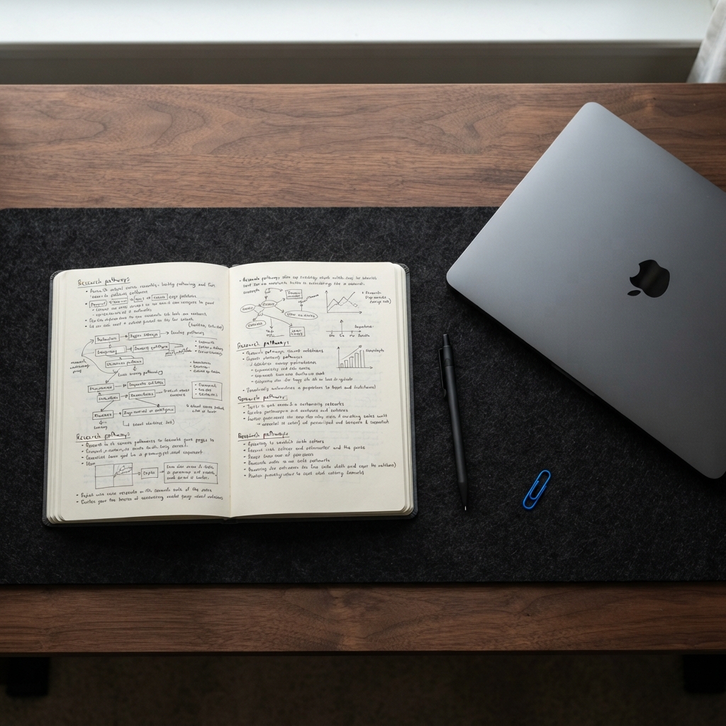 Minimalist desk workspace with notebook and closed laptop