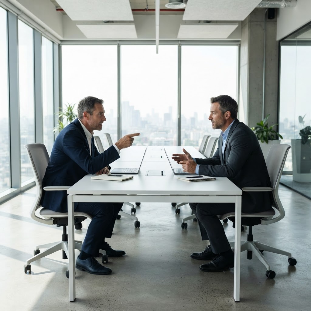 Two business executives collaborating in a modern boardroom