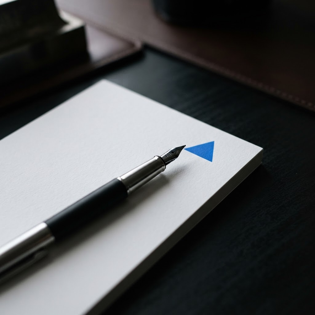 A premium fountain pen on a minimalist notepad with a blue accent